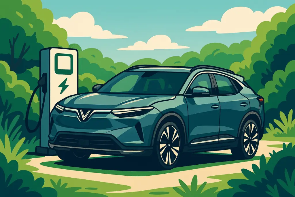 Futuristic electric SUV charging at a green station with hill background